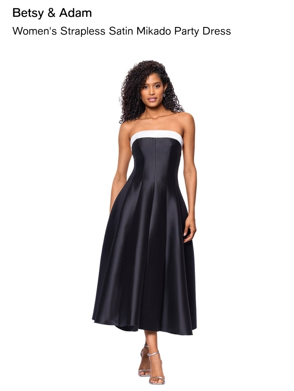 Betsy & Adam Black Strapless Satin Dress with White Trim